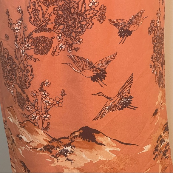 Pleione Womens Crane Floral Mountain Pull On Skirt Terracotta Elastic Waist - Picture 2 of 7